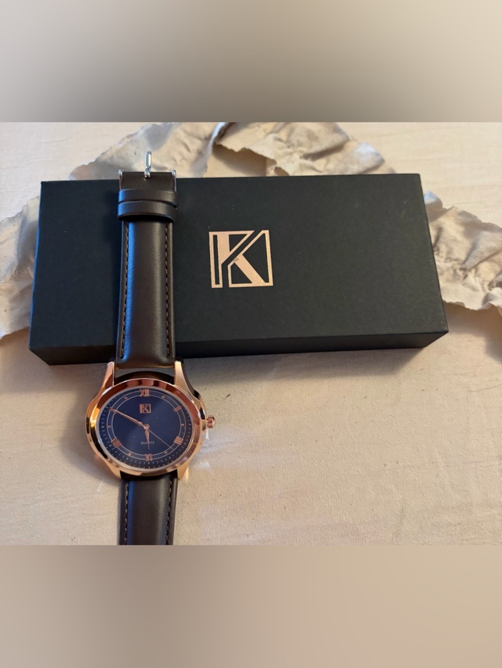 K-Men’s  NWT Rose Rose Gold Case Navy Dial Brown Leather Strap Watch
